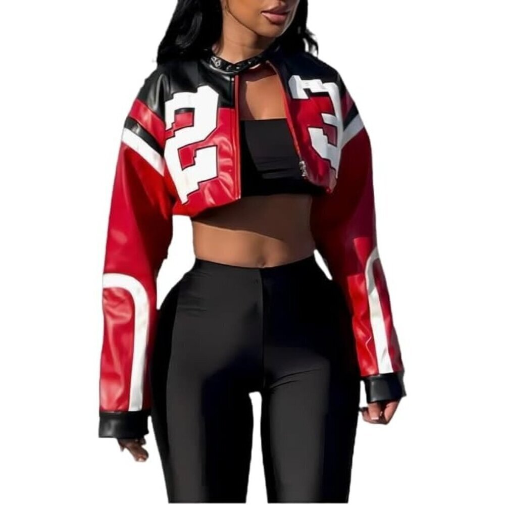 🆕Womens Red VOIKERDR Faux Leather Cropped Motorcycle Bomber Y2K Street Jacket